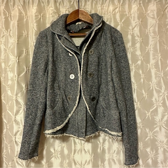 Sundance Edie Double Breasted Raw Hem Jacket Heathered Blue French Terry Cotton - Picture 1 of 10